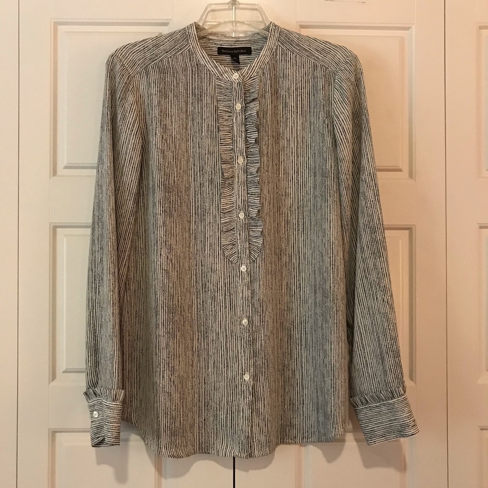 Banana Republic White & Blue Ruffle Blouse